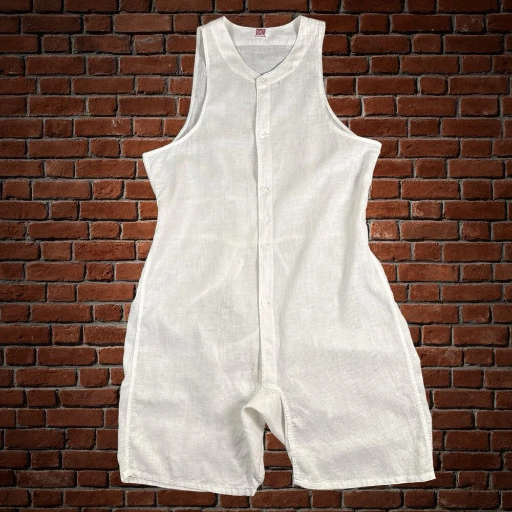 Vtg 1940s HANES Union Suit Sleeveless One Piece Button Front Woven White Size 38